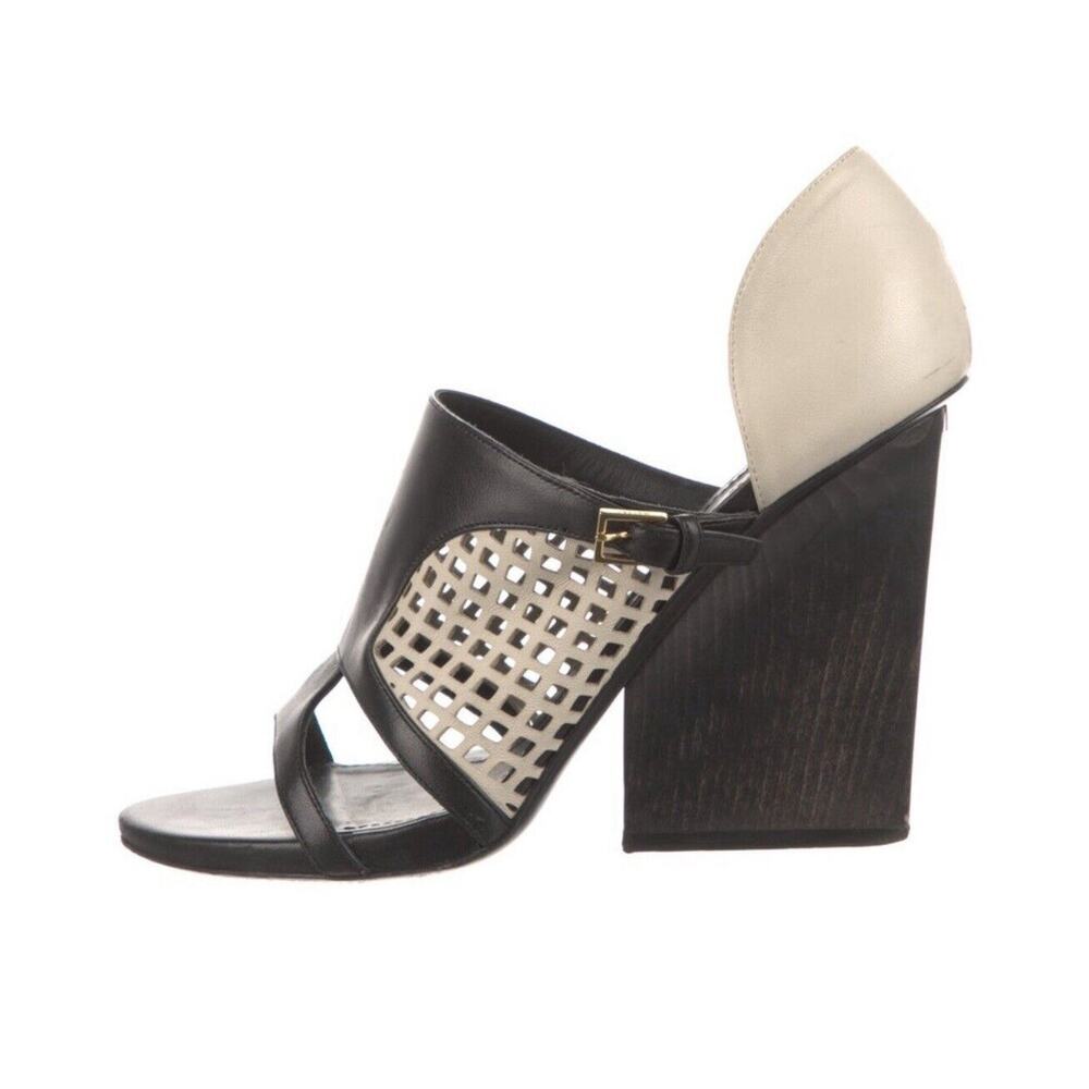 Maiyet Black White Sandals Peep Toe Leather Wood Heels Shoes Sz 40 9.5-10M